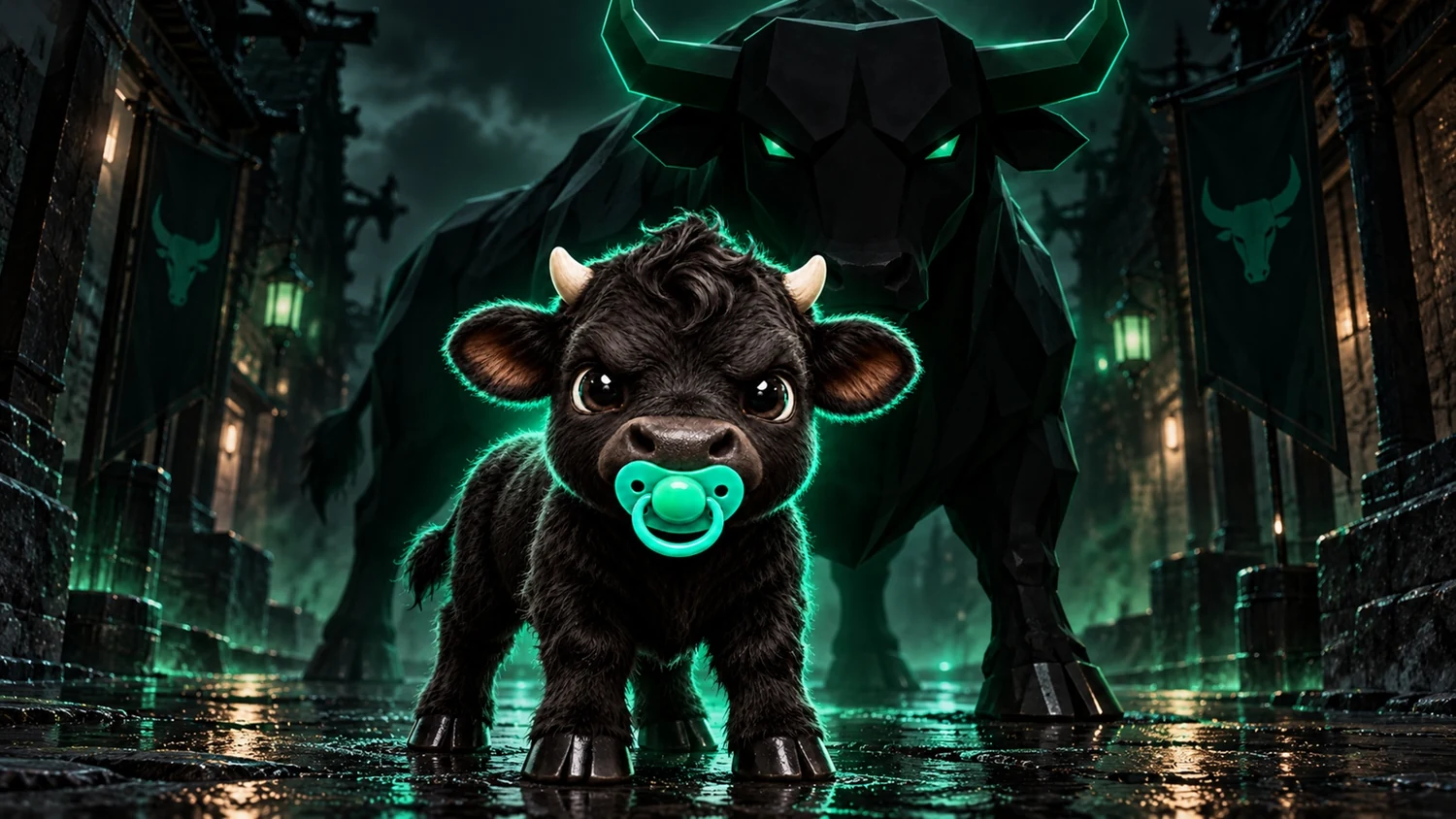 The young black calf beside the protective adult bull
